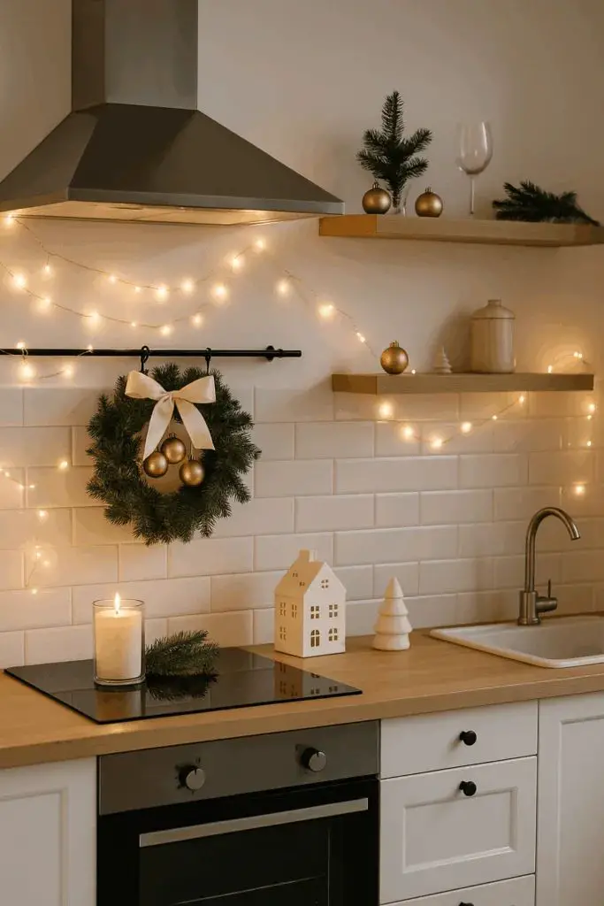 Cozy Holiday Scene with a Wreath and String Lights on the Counter Cozy Holiday Scene with a Wreath and String Lights on the Counter — Christmas Kitchen Decor