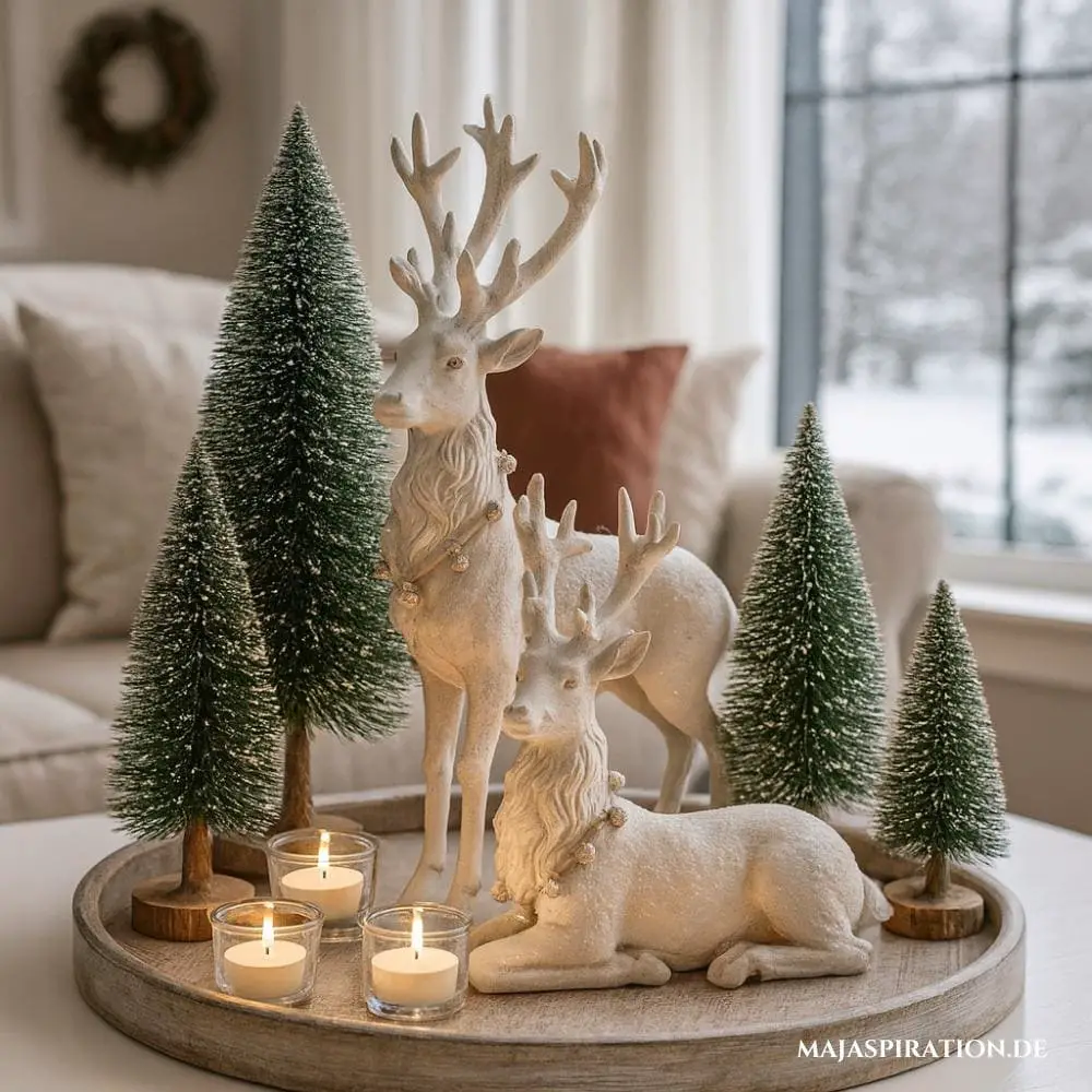 Charming Vignette with White Reindeer and Miniature Christmas Trees — Christmas Living Room Decor