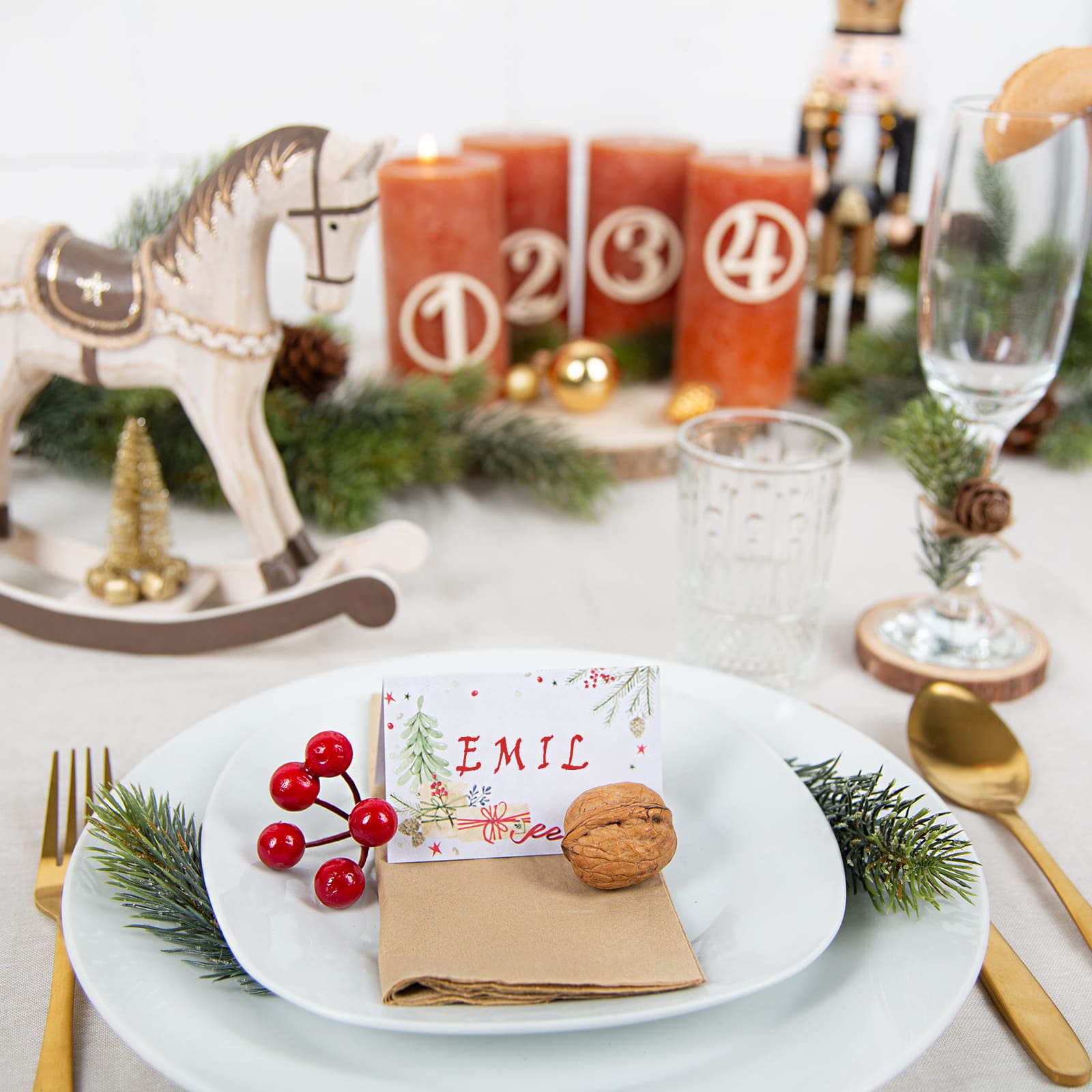 Traditional Illustrated Christmas Place Card with Walnut — Christmas Place Cards