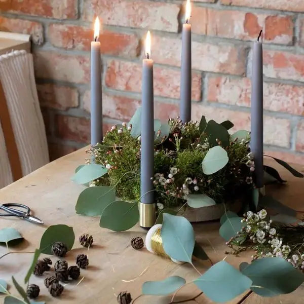Modern Natural Taper Candles in Moss and Eucalyptus Arrangement — Christmas Candle Decor