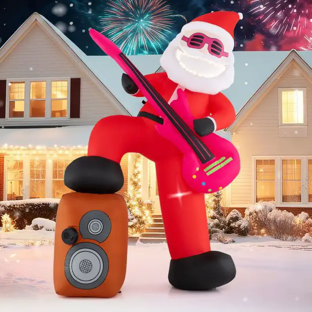 Whimsical Inflatable Santa Playing Guitar — Christmas Yard Decor
