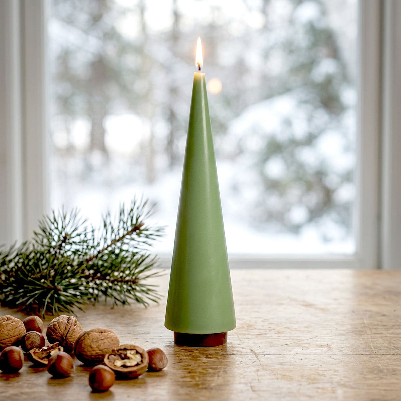 Sage Green Cone Candle with Winter Elements Sage Green Cone Candle with Winter Elements — Sage Green Christmas Decor