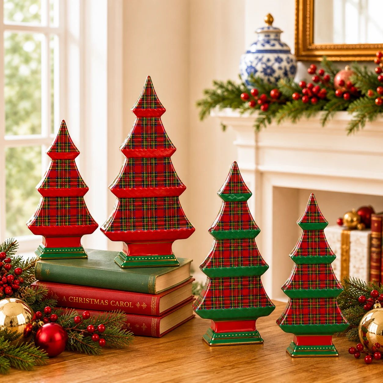 Tabletop Display of Ceramic Christmas Trees in Red and Green Plaid Tabletop Display of Ceramic Christmas Trees in Red and Green Plaid — Red and Green Christmas Tree