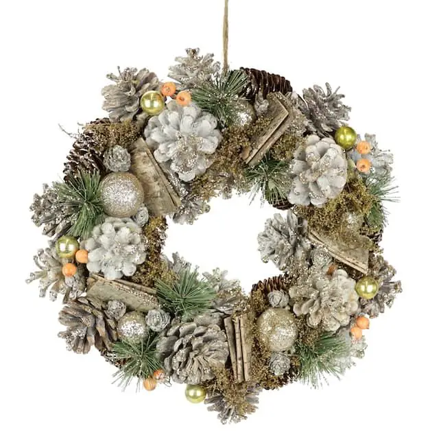 Natural Wreath with Frosted Pine Cones, Birch Bark, and Glitter — Christmas Wreath