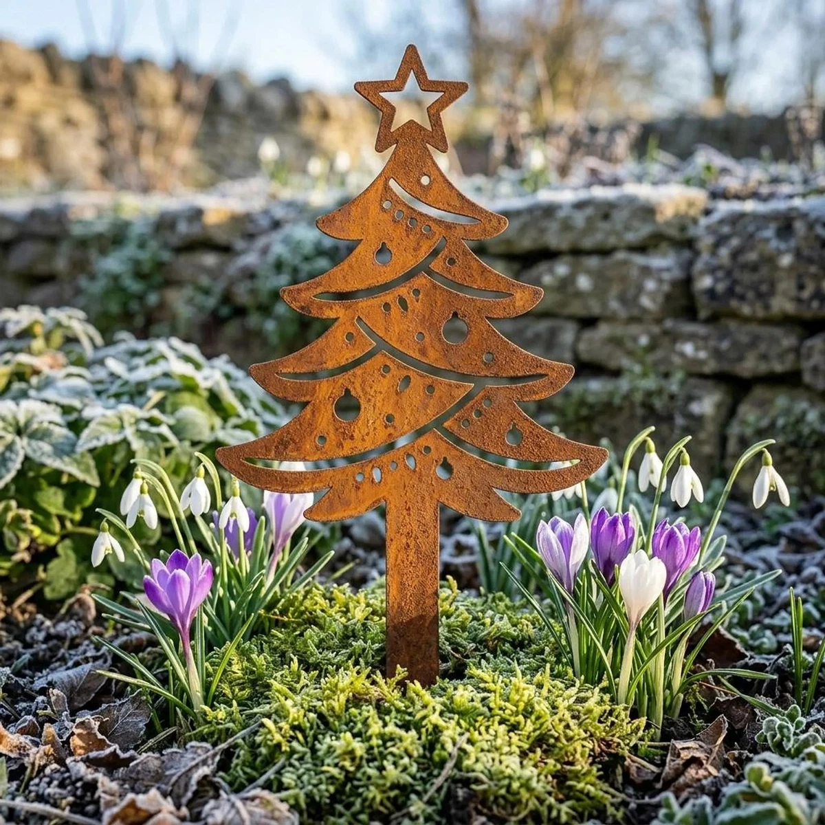 Rusted Metal Christmas Tree Garden Stake — Christmas Yard Decor