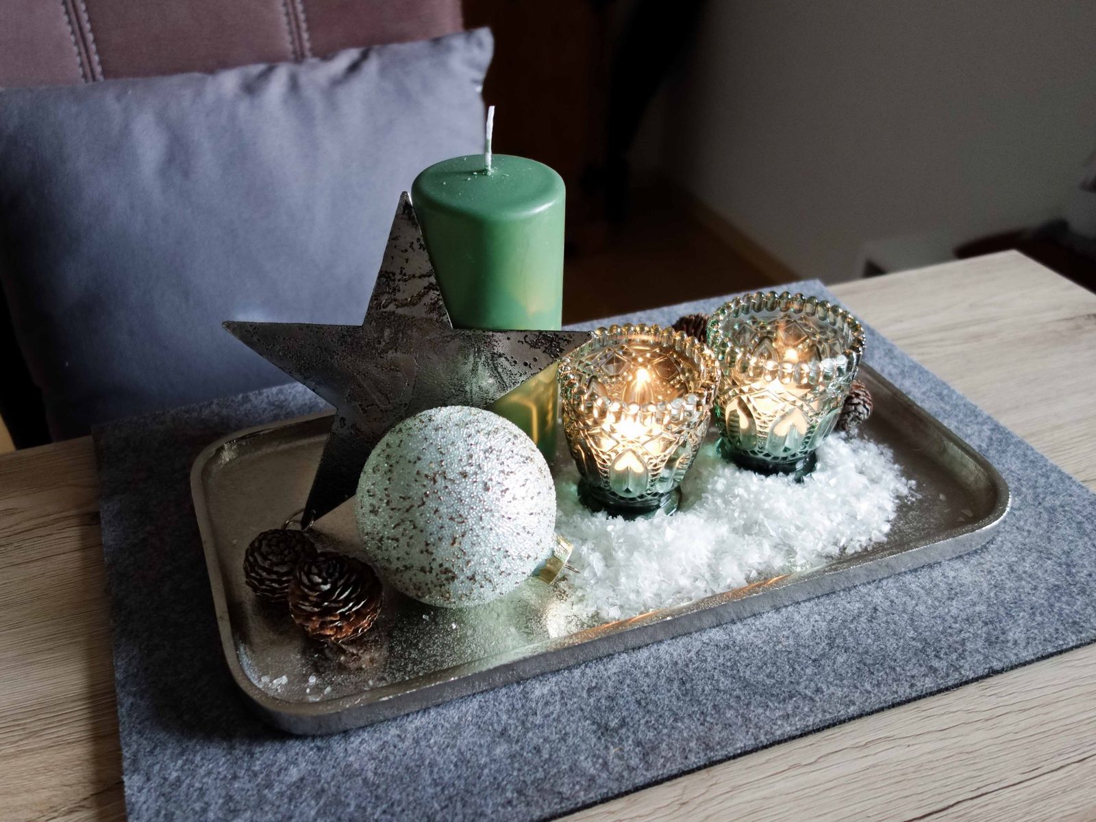 Silver Tray with Green Candle and Festive Ornaments Silver Tray with Green Candle and Festive Ornaments — Christmas Coffee Table Decor