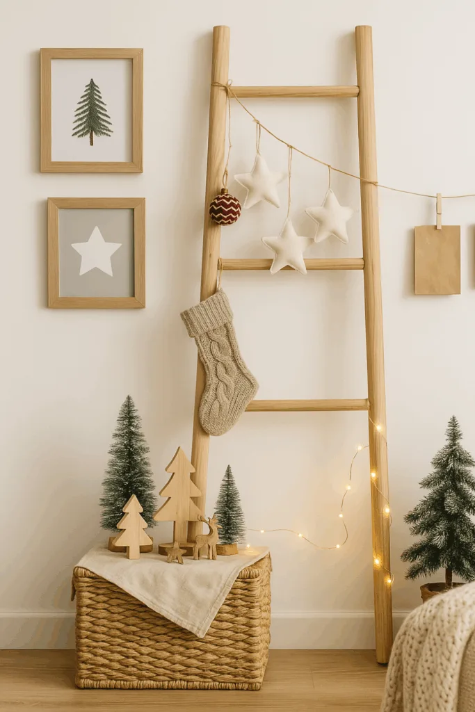 Cozy Corner Vignette with a Decorative Ladder and Trees — Whimsical Christmas Decor