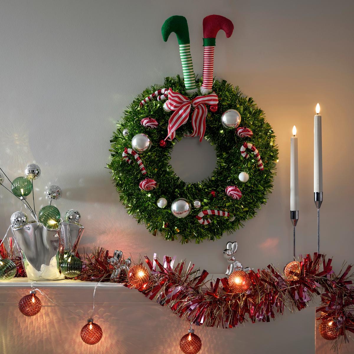 Playful Christmas Mantel Decor with Tinsel Wreath — Red and Green Christmas Decor