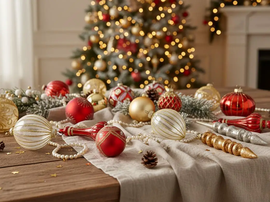 Festive Table Setting with Red and Gold Ornaments and Christmas Tree Backdrop Festive Table Setting with Red and Gold Ornaments and Christmas Tree Backdrop — Red and Gold Christmas Tree