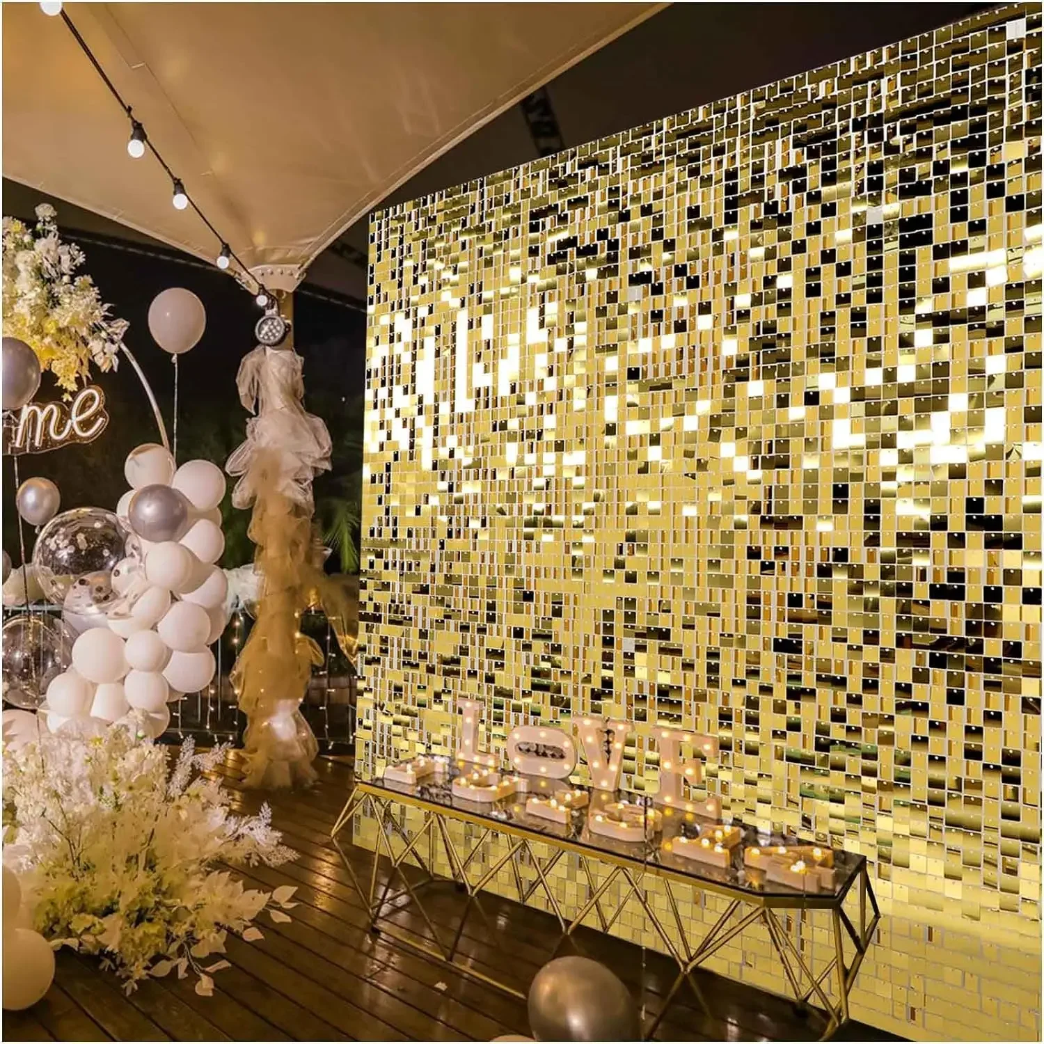 Glamorous Gold Sequin Backdrop with Balloon Arch — Christmas Party Backdrop