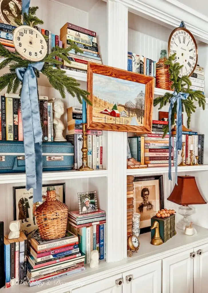 Curated Vintage Christmas Decor on Bookshelves