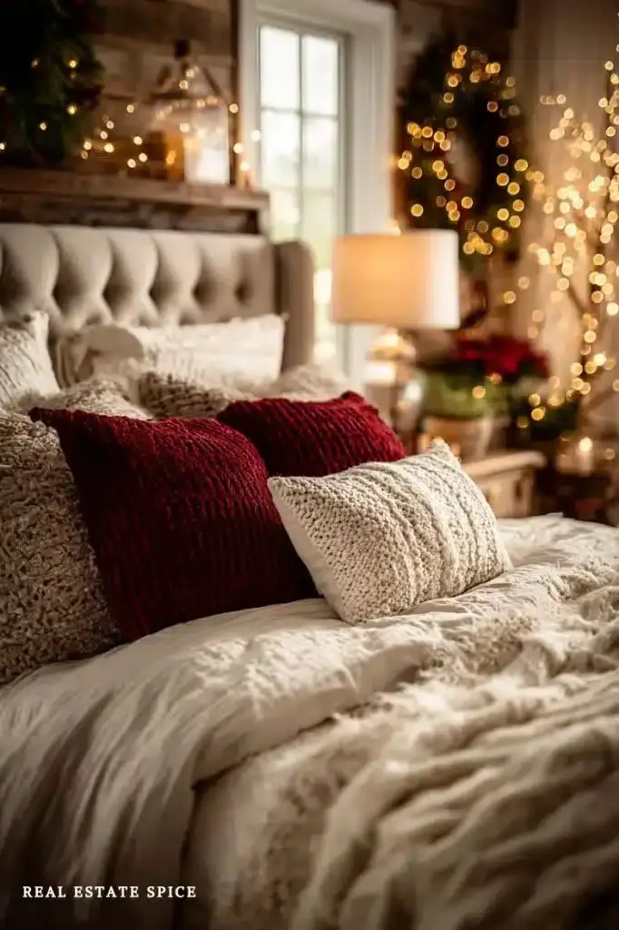 Cozy Traditional Bedroom with Textured Burgundy Pillows — Christmas Bedroom Decor