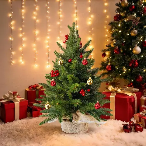 Festive Tree on a Rug Surrounded by Gifts — Tabletop Christmas Tree Decor