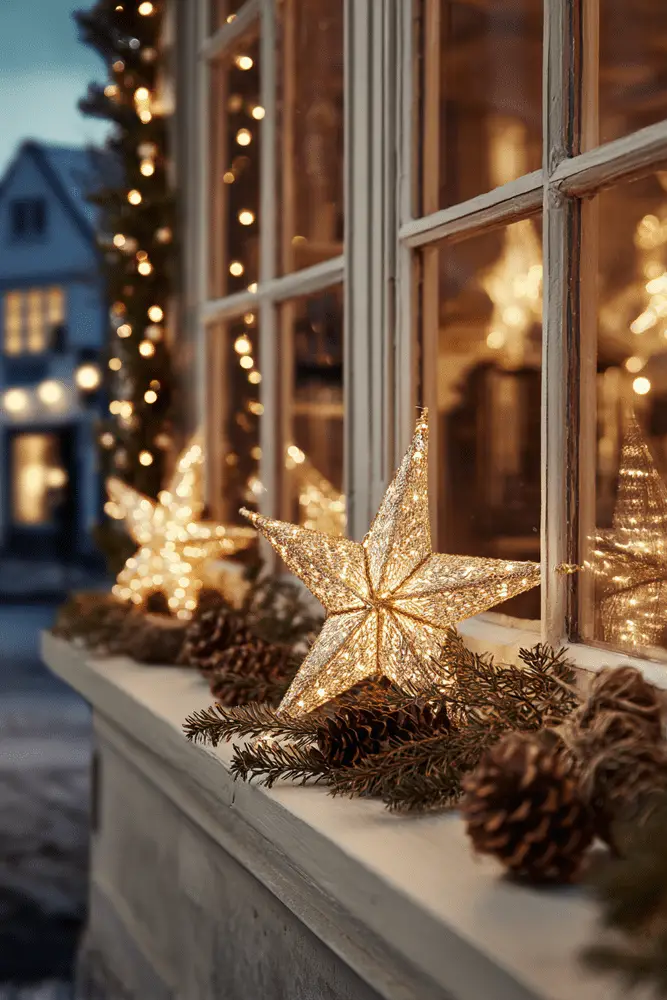 Sparkling Gold Star Lights on Window Sill — Winter Front Door Decor