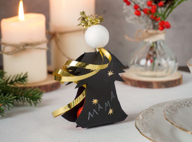 Handmade Black Angel Place Card with Gold Accents — Christmas Place Cards