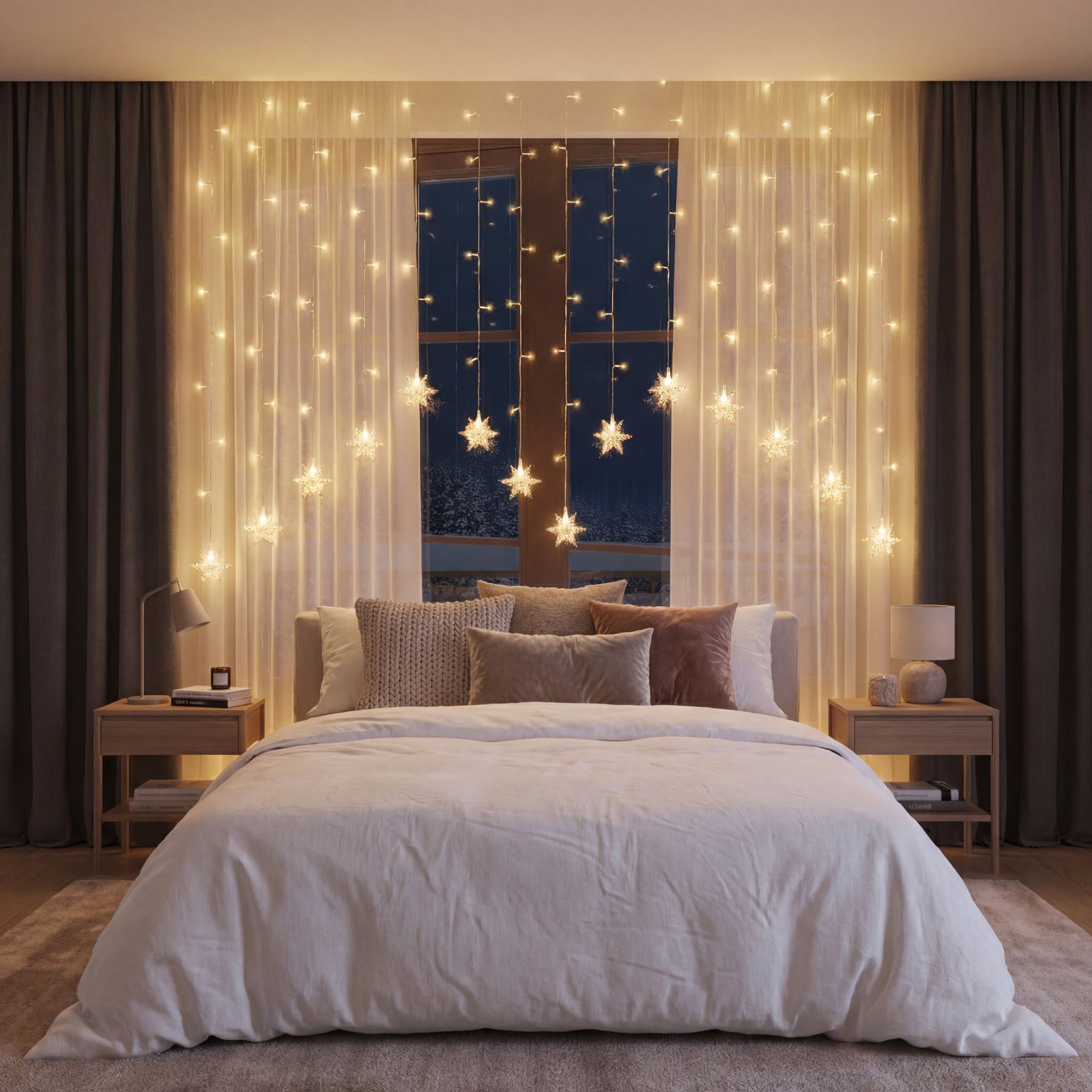 Magical Curtain of Fairy Lights in Bedroom Window — Christmas Fairy Lights Window
