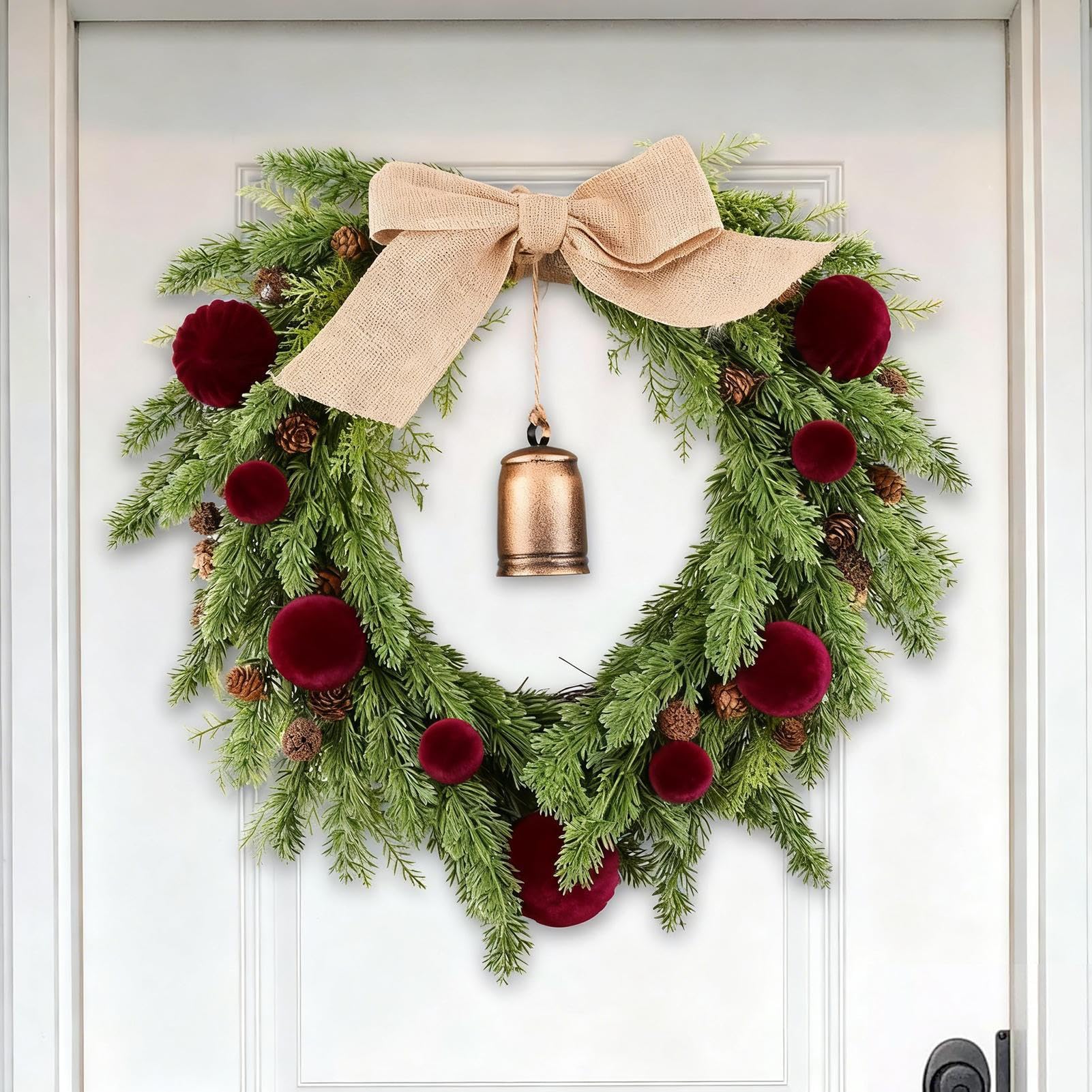 Traditional Evergreen Wreath with Red Pom-Poms and Burlap Bow Traditional Evergreen Wreath with Red Pom-Poms and Burlap Bow — Christmas Window Wreaths