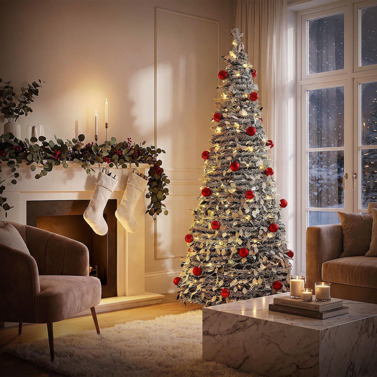 Warm Neutrals Red Green Traditional Living Room with Flocked Christmas Tree and Fairy Lights Warm Neutrals Red Green Traditional Living Room with Flocked Christmas Tree and Fairy Lights — Christmas Fairy Lights Living