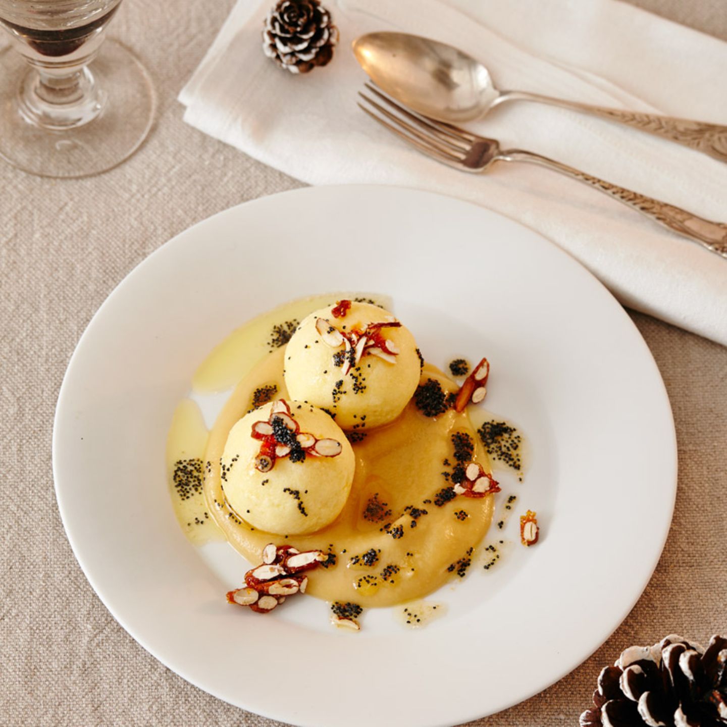 Elegant Dumplings with Fruit Puree and Artful Garnish — Christmas Dessert Table