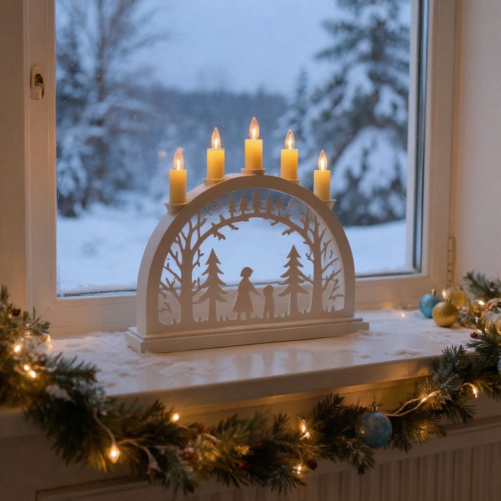 Window Sill Display with Illuminated Candle Arch and Garland Window Sill Display with Illuminated Candle Arch and Garland — Christmas Light Display Ideas