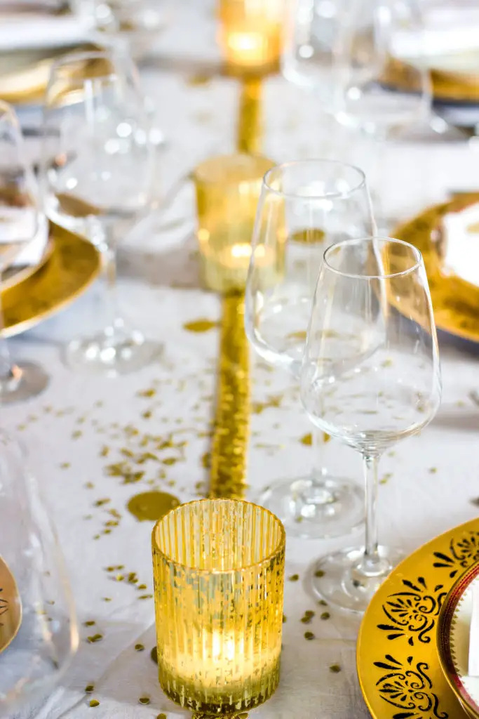 Festive Table with Gold Confetti and Sparkling Details Festive Table with Gold Confetti and Sparkling Details — New Years Eve Date Night at Home