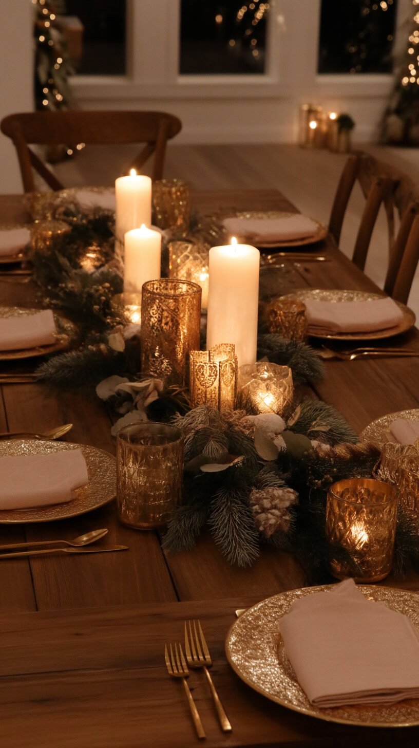 Festive Greenery Centerpiece with Candles and Gold Details Festive Greenery Centerpiece with Candles and Gold Details — Christmas Wedding Centerpiece