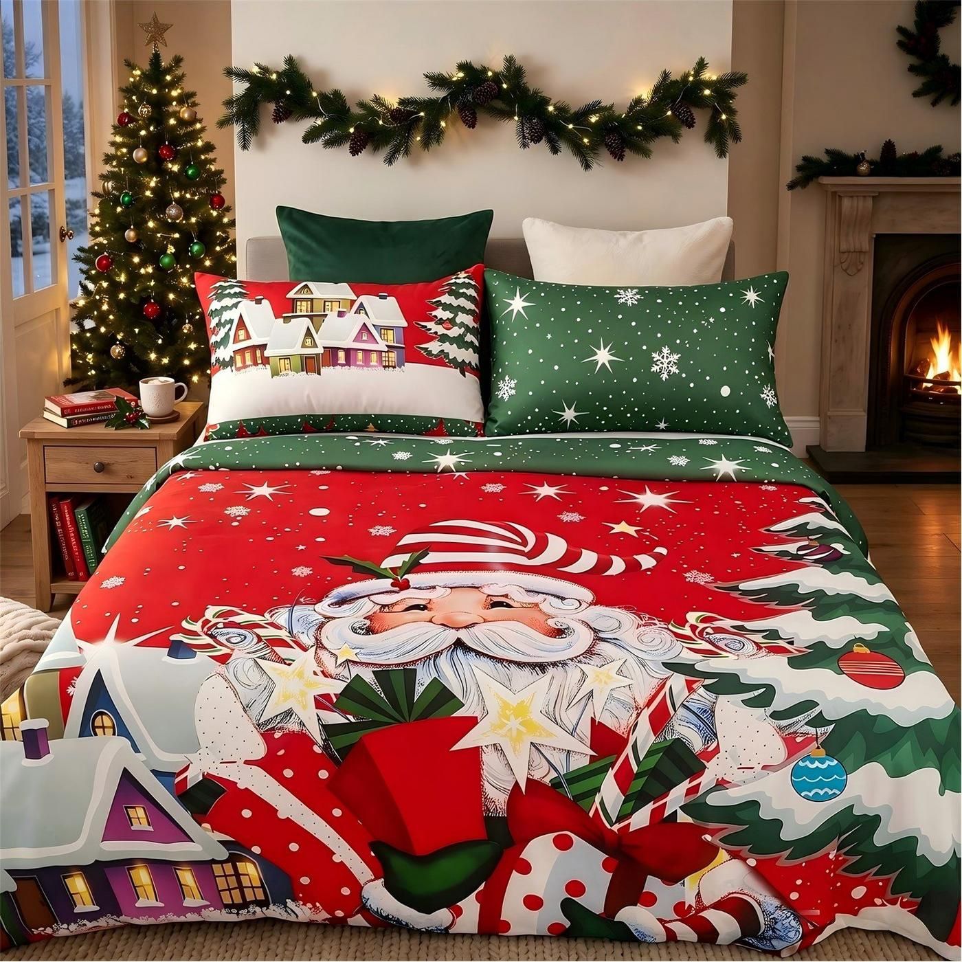 Festive Bedroom with Santa-Themed Duvet Cover — Christmas Bedroom Decor