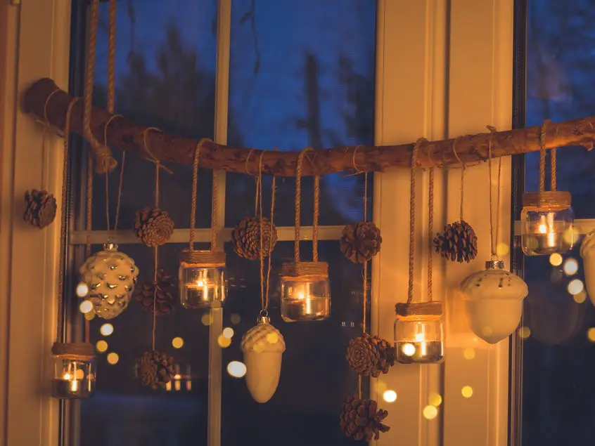 Hanging Jars with Candles on Rustic Branch Hanging Jars with Candles on Rustic Branch — Christmas Window Decor Outdoor