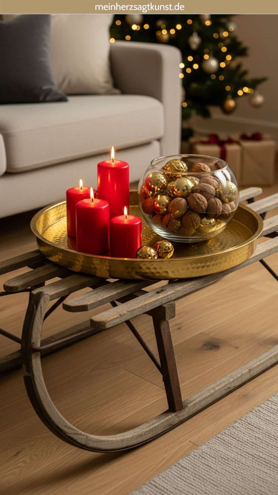 Rustic Wooden Sled with a Festive Candle Arrangement — Christmas Living Room Decor