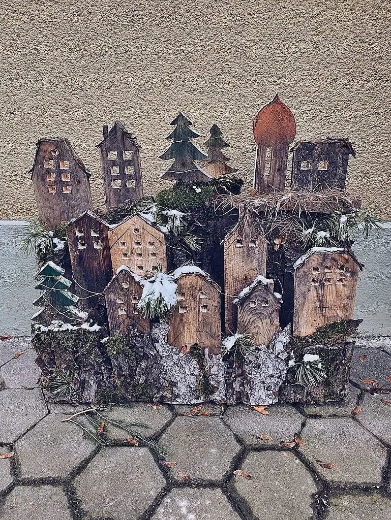 Rustic Miniature Wooden Village Display — Winter Front Door Decor