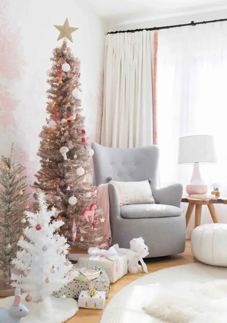 White and Rose Gold Christmas Trees in a Cozy Corner White and Rose Gold Christmas Trees in a Cozy Corner — White Christmas Tree Decor