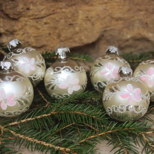 Silver Ornaments with Pink Floral Designs on Pine Silver Ornaments with Pink Floral Designs on Pine — Vintage Christmas Ornaments