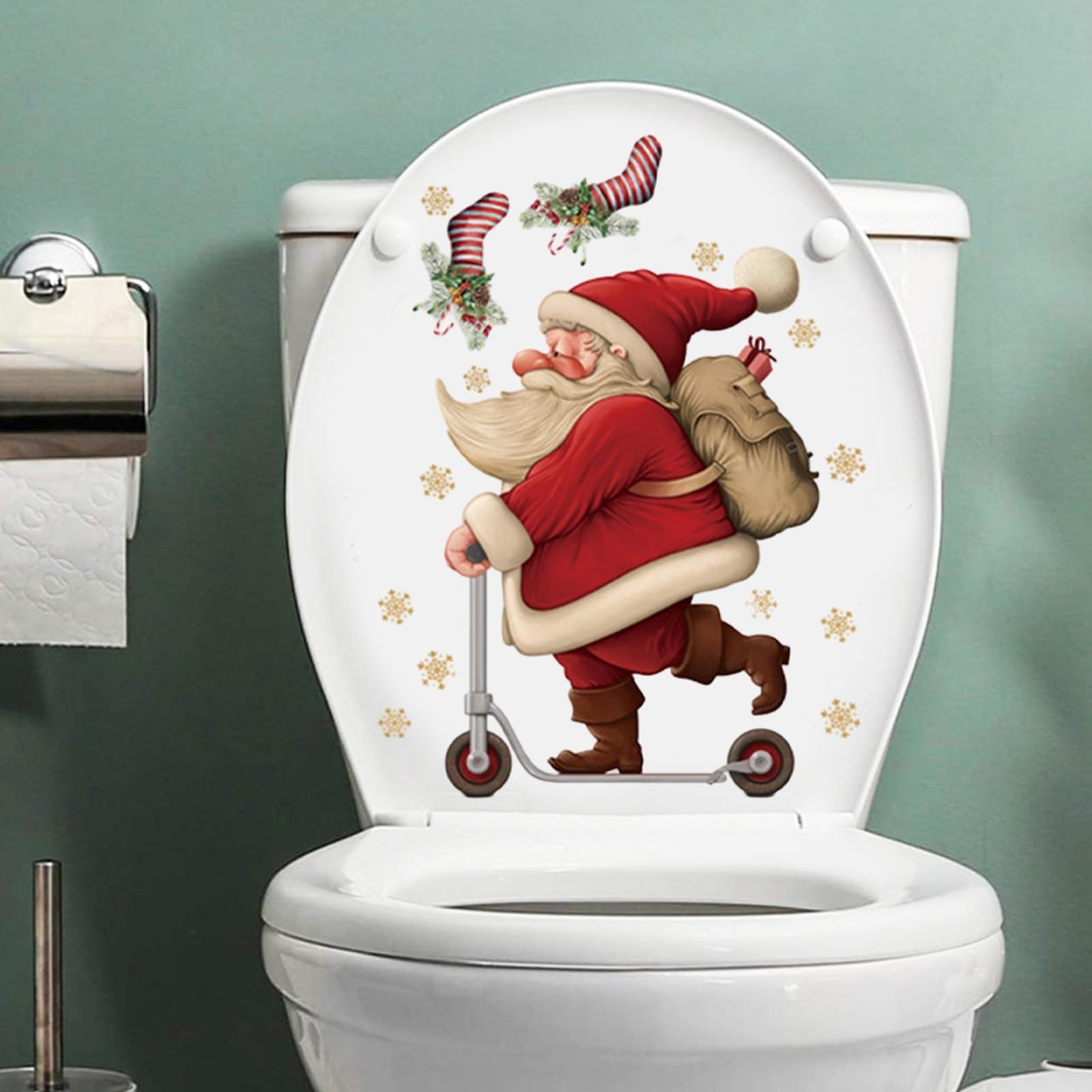 Playful Santa on Scooter Toilet Seat Decal — Christmas Bathroom Decor