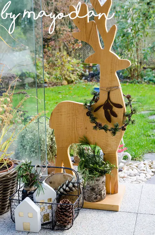 Feature a Large Wooden Reindeer with Natural Accents — Christmas Porch Decor