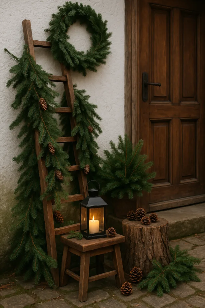 Adorn a Rustic Ladder with Pine Garland and Wreath Adorn a Rustic Ladder with Pine Garland and Wreath — Simple Christmas Outdoor Decor