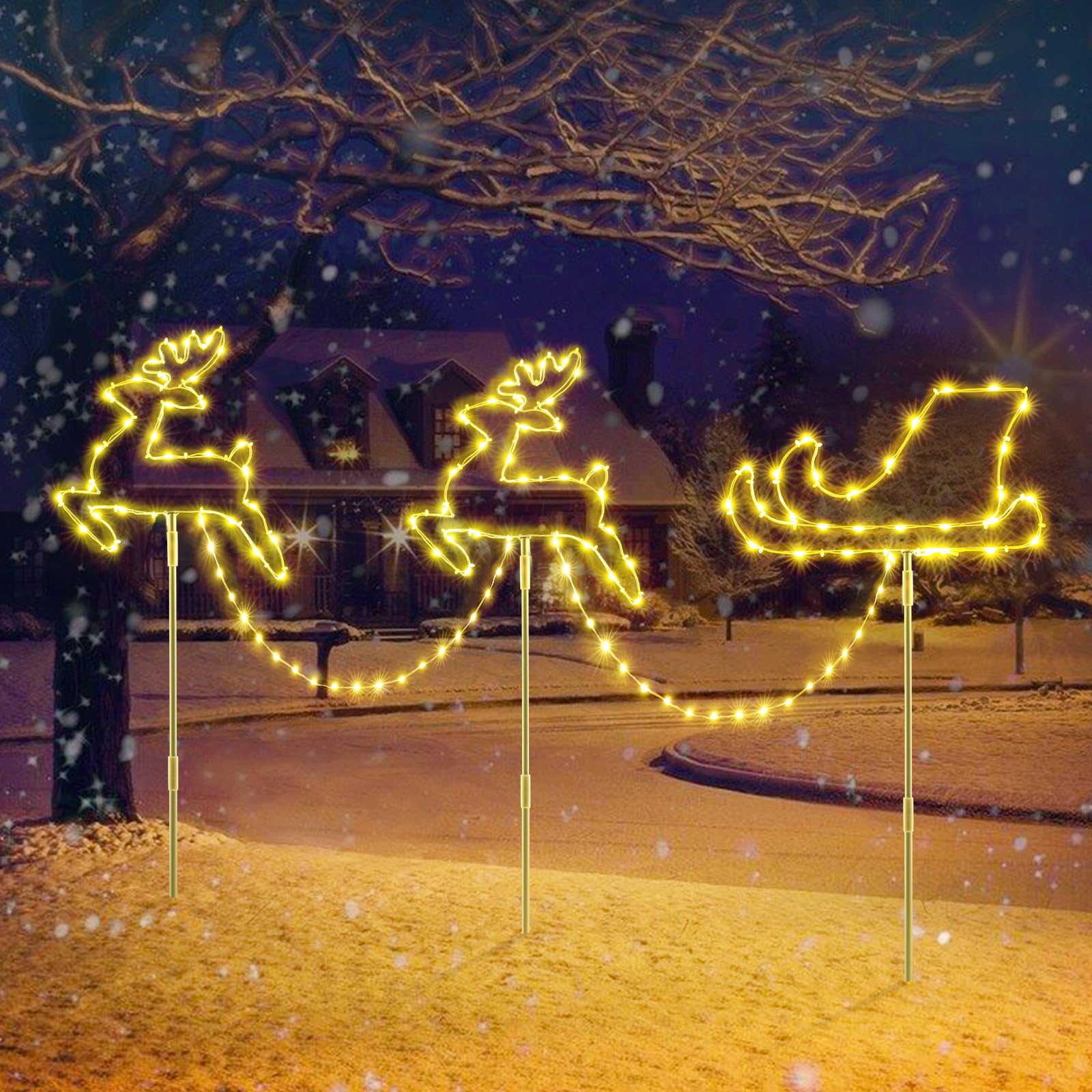 Illuminated Reindeer and Sleigh Decorate Snowy Lawn Illuminated Reindeer and Sleigh Decorate Snowy Lawn — Christmas Tree Lights