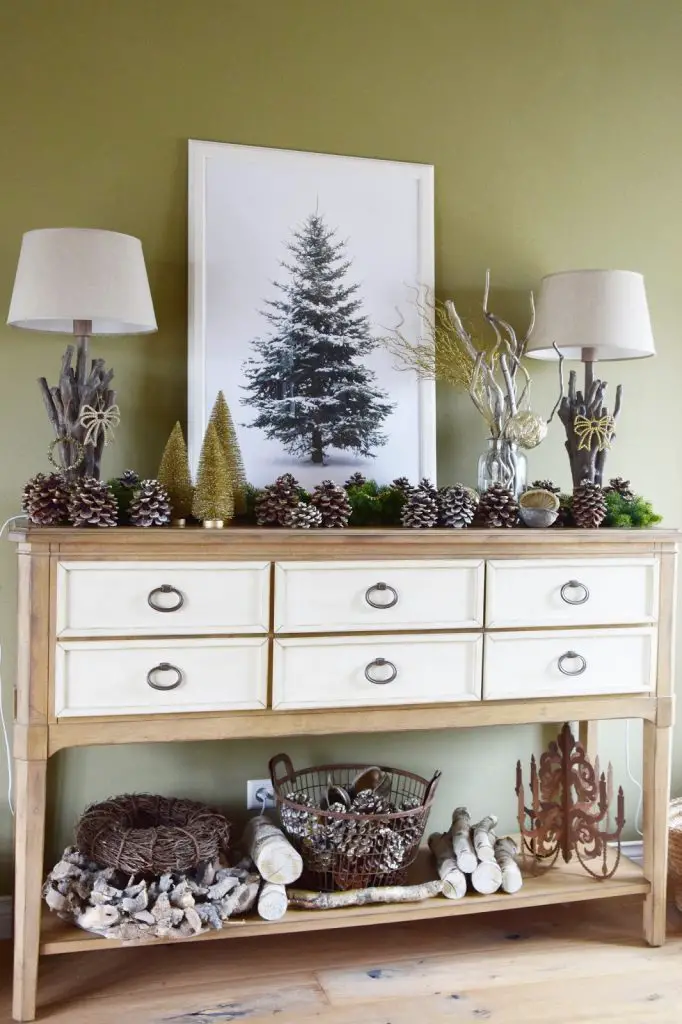 Rustic Farmhouse Console Table with Christmas Art and Garland — Farmhouse Christmas Decor