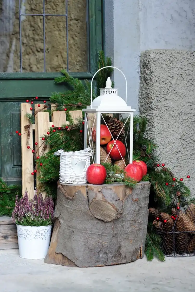 Rustic Porch Lantern Filled with Red Apples and Pinecones — Winter Porch Decor