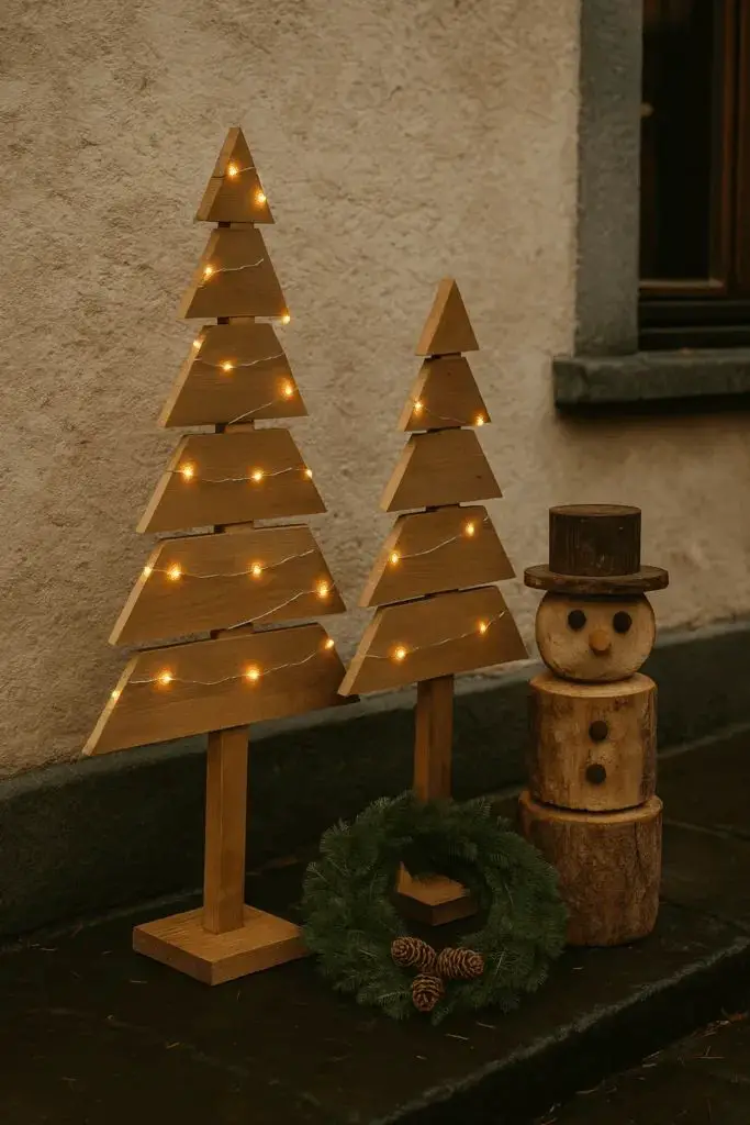 Modern Rustic Porch with Illuminated Wooden Christmas Trees Modern Rustic Porch with Illuminated Wooden Christmas Trees — Christmas Light Display Ideas