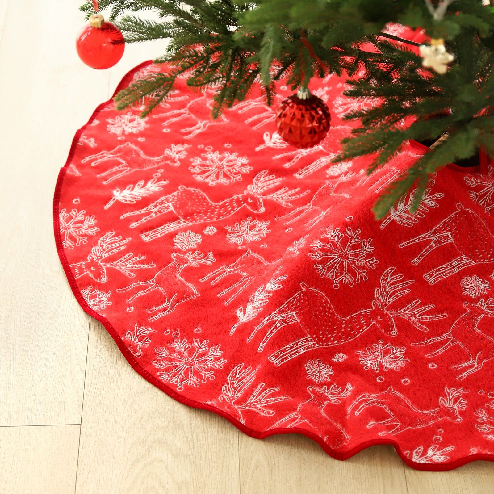 Red Skirt with White Reindeer and Snowflake Embroidery Red Skirt with White Reindeer and Snowflake Embroidery — Christmas Tree Skirt