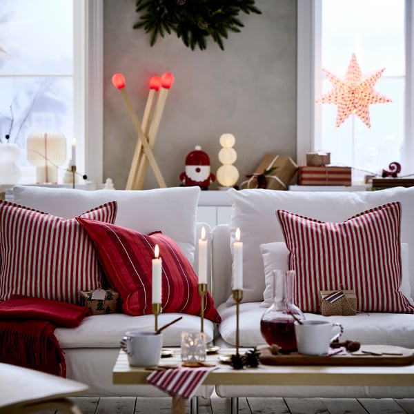 Bright and Airy Living Room with Red and White Christmas Accents — Christmas Living Room Decor