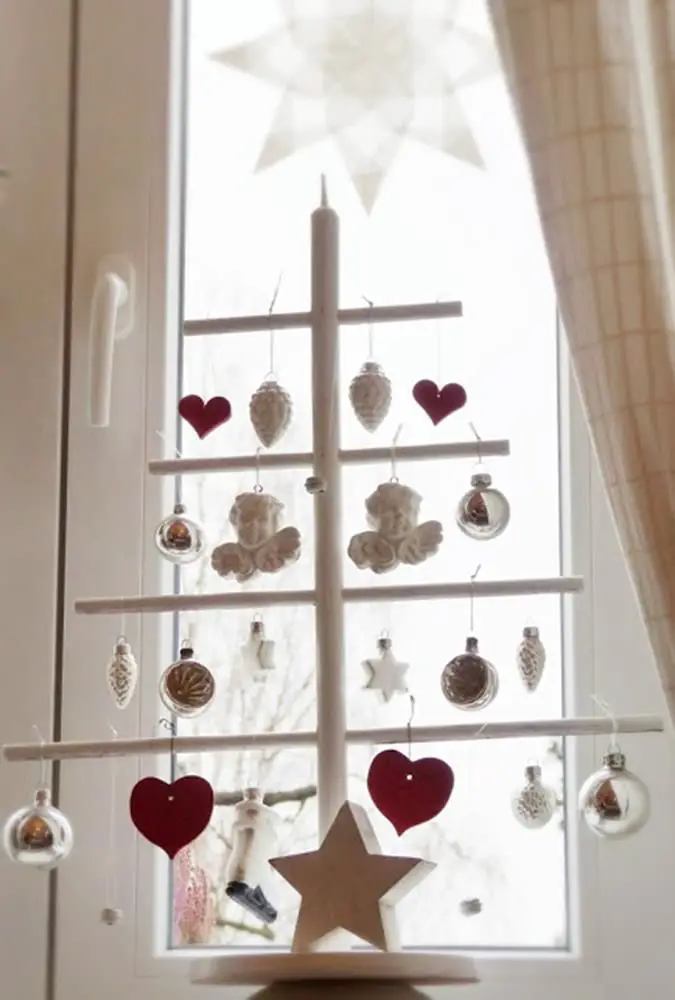 Minimalist White Wooden Tree with Red Hearts on Windowsill Minimalist White Wooden Tree with Red Hearts on Windowsill — Scandinavian Christmas Tree