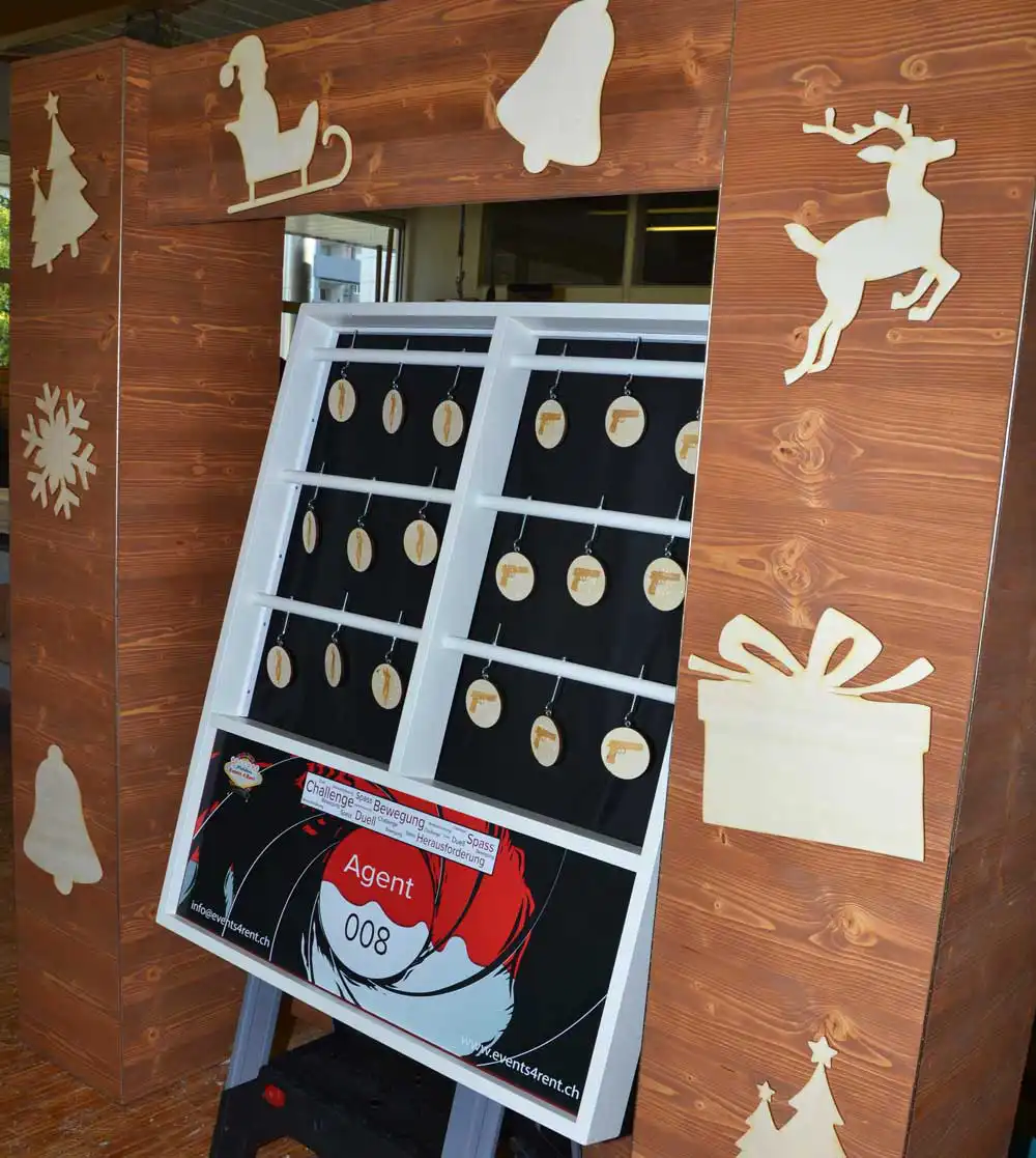 Rustic Wooden Game Booth Backdrop with Christmas Cutouts — Christmas Party Backdrop