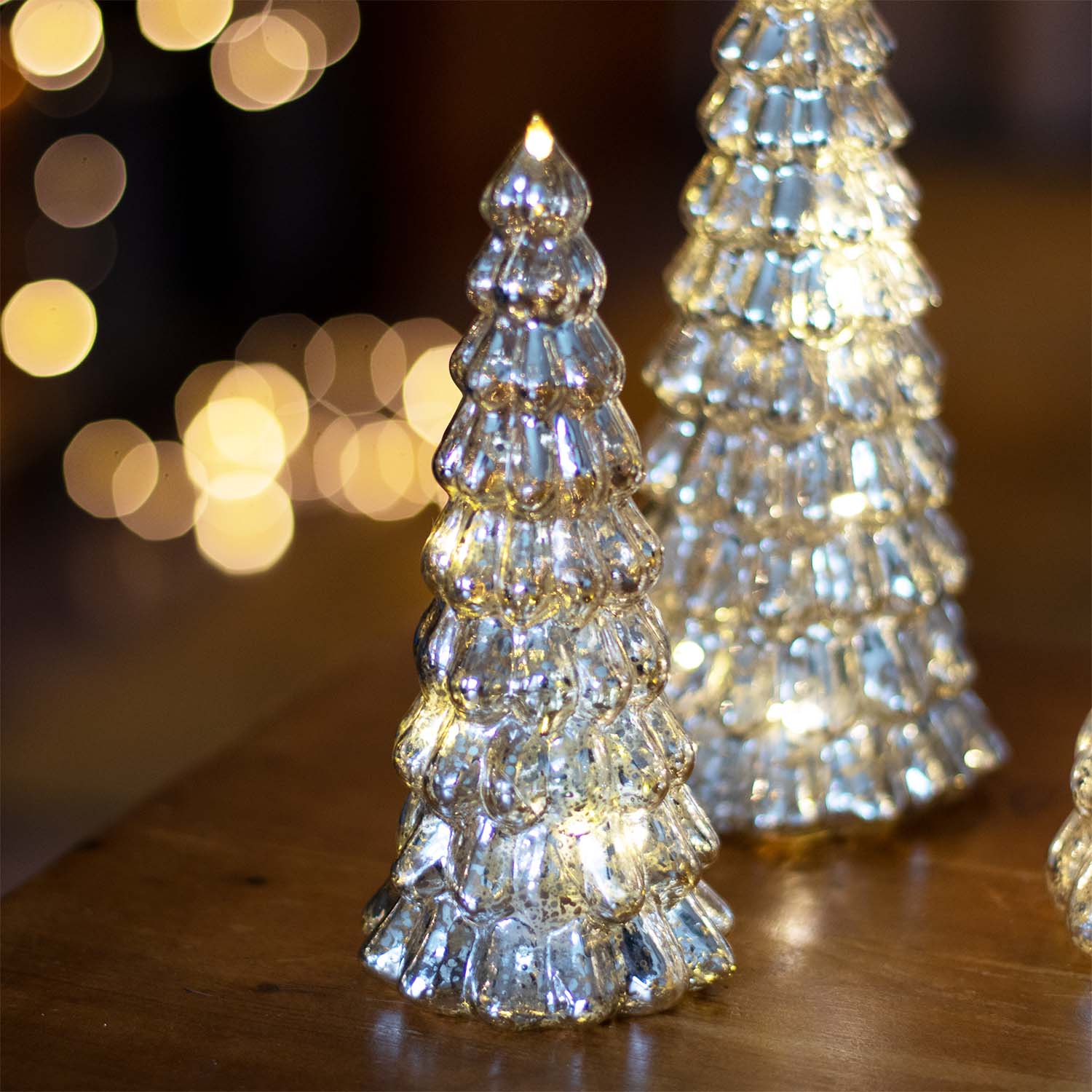 Silver Glass Trees Reflect Warm White LED Lights Silver Glass Trees Reflect Warm White LED Lights — Christmas Tree Lights