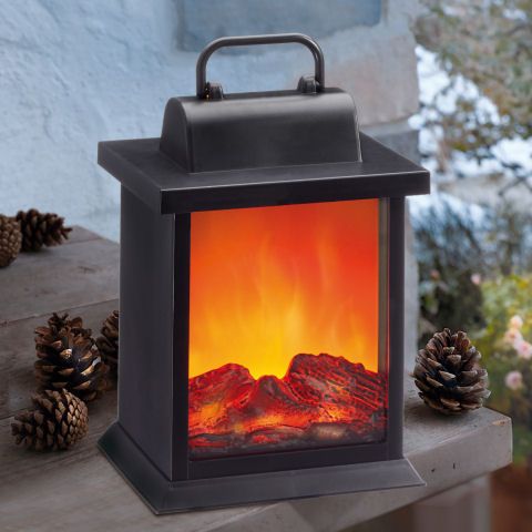 Black Metal Lantern with Realistic Faux Fire Effect on Porch — Christmas Lantern Lights
