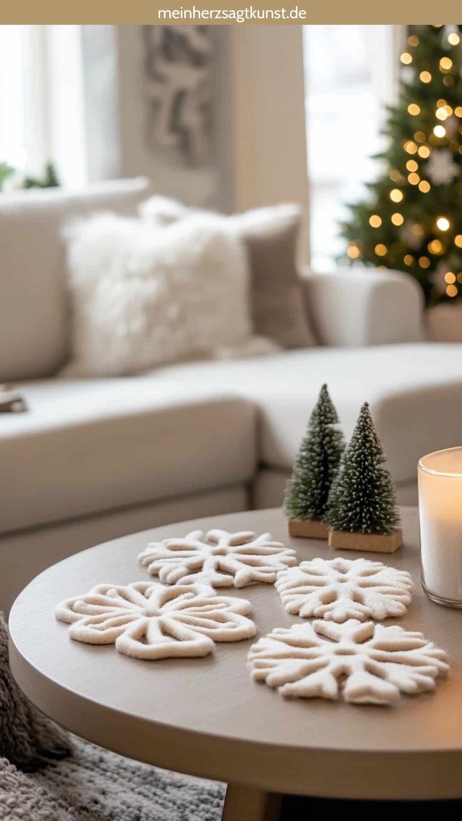 Modern Scandi Coffee Table with Snowflake Coasters and Mini Trees Modern Scandi Coffee Table with Snowflake Coasters and Mini Trees — Christmas Coffee Table Decor