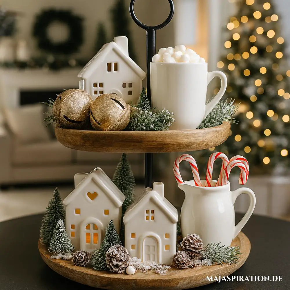 Festive Farmhouse Tiered Tray with Ceramic Houses and Bells — Farmhouse Christmas Decor