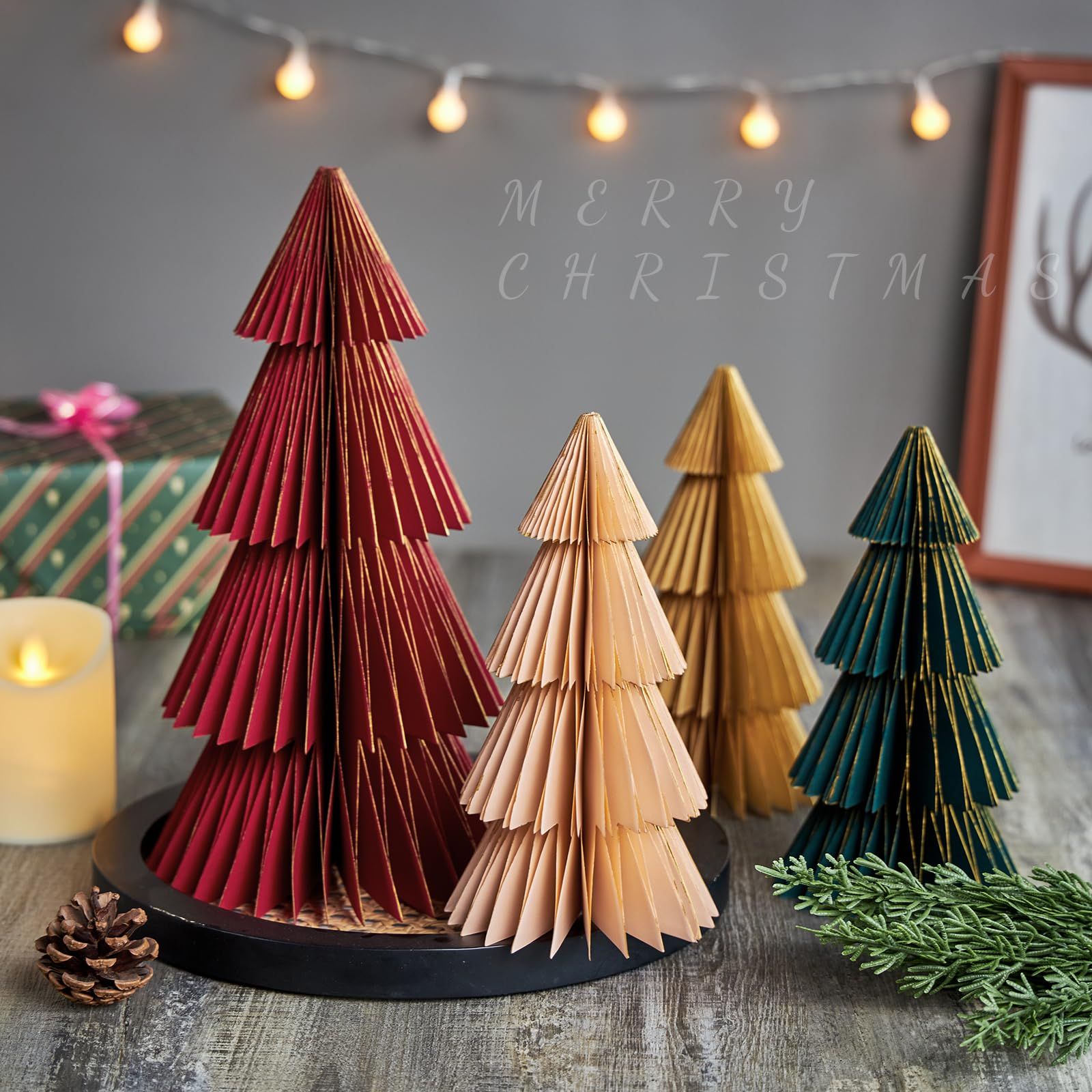 Festive Tabletop Display of Folded Paper Christmas Trees — Christmas Tree Themes