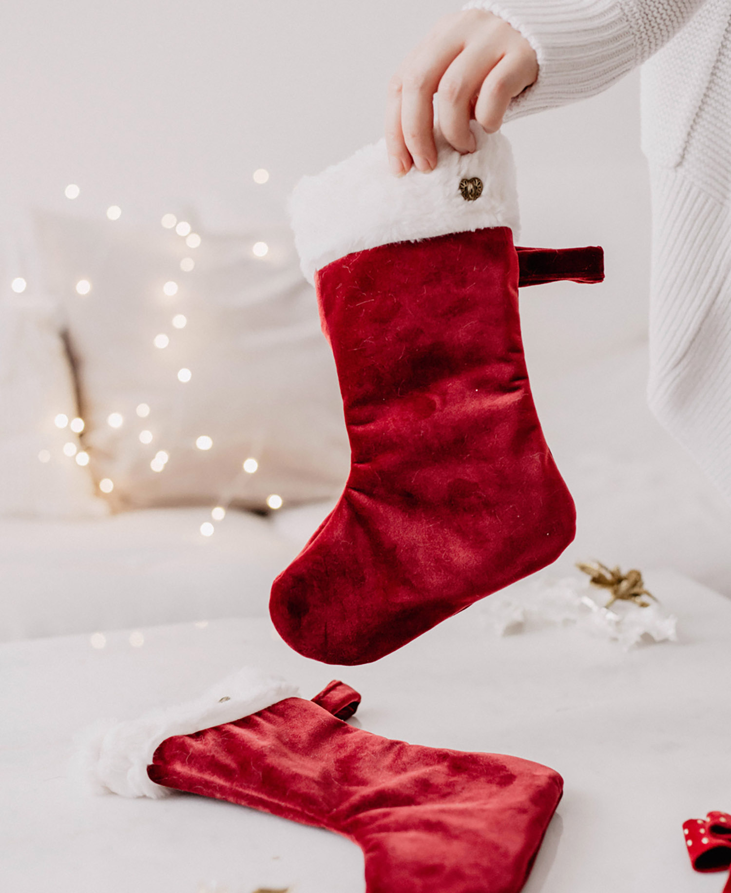 Rich Red Velvet Stockings with Faux Fur Trim — Christmas Stockings Display