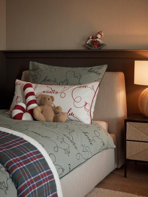 Modern Farmhouse Bedroom with Red Knit Blanket and Tree — Christmas Bedroom Decor